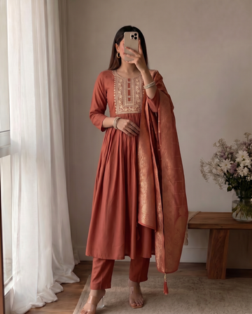 Rust Orange Cotton Anarkali Suit Set for Women With Jacquard Dupatta