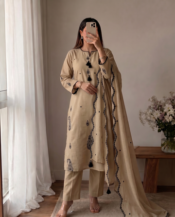 Beige Cotton A-Line Kurta Set for Women with Matching Dupatta