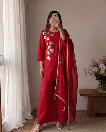 Red Cotton Kurta Set for Women with Farshi Salwar and Dupatta
