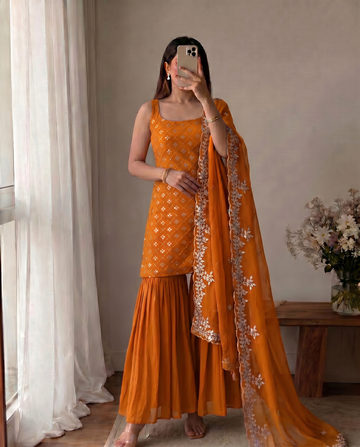 Mustard Kurta And Sharara Suit Set For Women