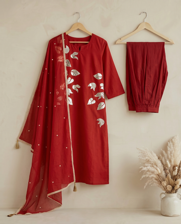 Red Embroidered Cotton Farshi Salwar Suit Set for Women
