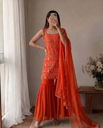 Vibrant Orange Embroidered Sharara Suit with Dupatta for Women