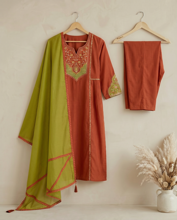Rust Orange Cotton A-Line Kurta Pant Set for Women
