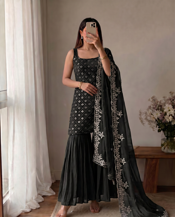 Black Georgette Embroidered Kurta And Sharara Suit Set with Dupatta