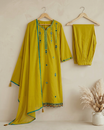 Mustard Mirror Work Cotton Farshi Salwar Suit Set for Women