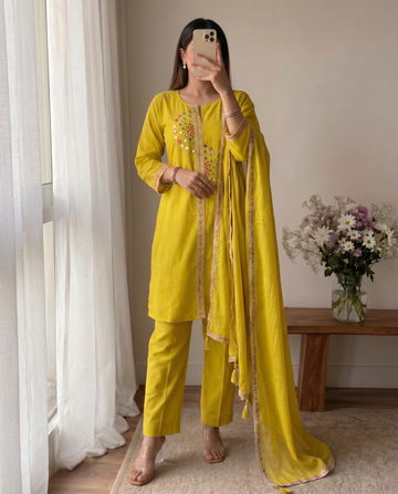 Mustard Mirror Work A-Line Cotton Kurta Pant Set With Dupatta For Women