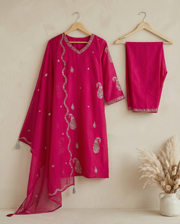 Rani Pink Embroidered Cotton A-Line Kurta Suit Set for Women