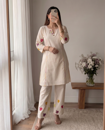 Cream Cotton A-Line Short Kurta Set For Women