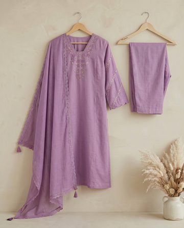Violet Embroidered Cotton A-Line Kurta Suit Set For Women