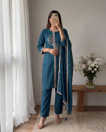 Navy Blue Mirror Work A-Line Cotton Kurta Pant Set With Dupatta For Women