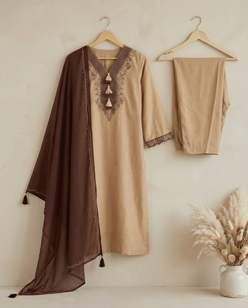 Cream Embroidered Cotton A-Line Suit Set For Women
