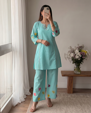 Sky Blue Cotton A-Line Short Kurta Set For Women