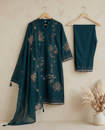 Navy Blue Embroidered Cotton A-Line Kurta Set for Women