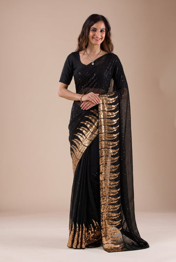 Cocktail Evening Black Georgette Saree featuring Heavy Golden Flame Sequin Work