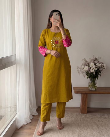 Mustard Mirror Work A-Line Cotton Kurta Pant Set For Women