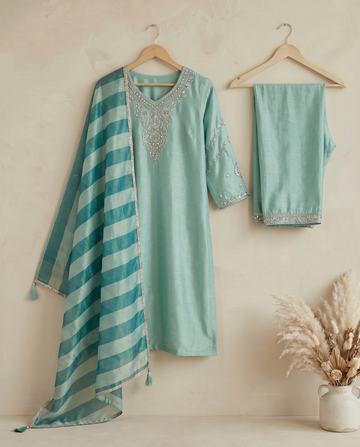 Sky Blue Embroidered Silk Blend Short Kurti Farshi Salwar Set for Women