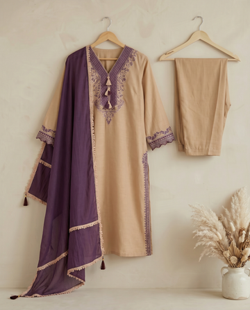 Cream Embroidered Cotton A-Line Suit Set with Dupatta