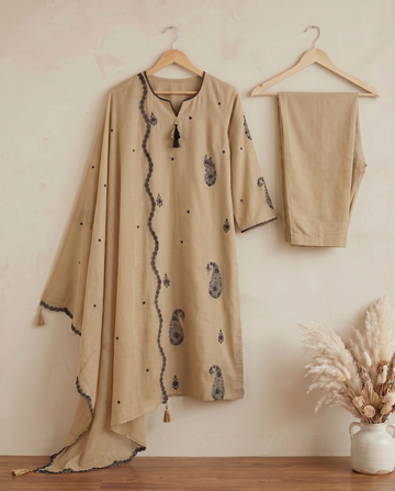 Beige Embroidered Cotton A-Line Kurta Set for Women