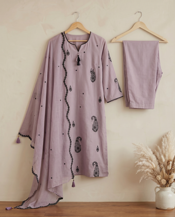 Lilac Embroidered Cotton A-Line Kurta Suit Set For Women