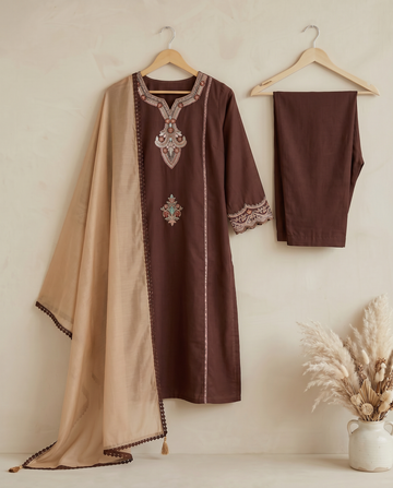 Brown Embroidered Cotton A-Line Kurta Set for Women
