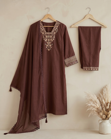 Brown Embroidered Cotton A-Line Kurta Pant Set for Women