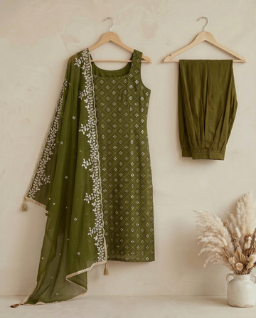 Pastel Green Embroidered Kurta And Sharara Suit Set with Dupatta