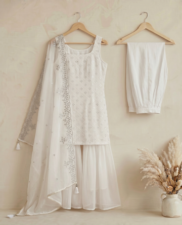 White Embroidered Kurta And Sharara Set With Dupatta