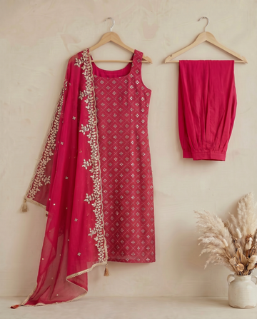Rani Pink Embroidered Kurta And Sharara Suit Set with Dupatta