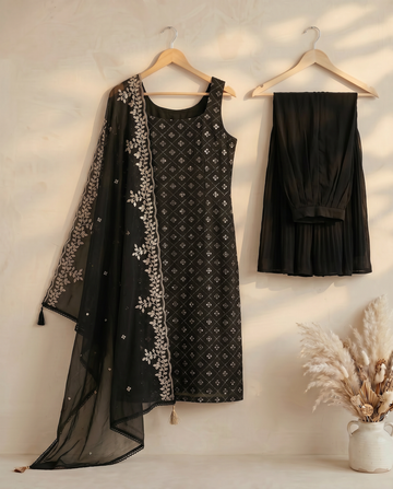 Black Georgette Embroidered Kurta And Sharara Suit Set