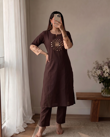 Brown Mirror Work A-Line Cotton Kurta Pant Set For Women