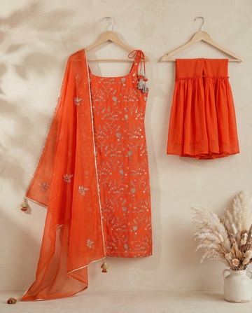Orange Embroidered Sharara Suit with Dupatta for Women