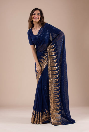 Party Wear Midnight Navy Blue Georgette Saree with Heavy Gold Sequin Flame Border