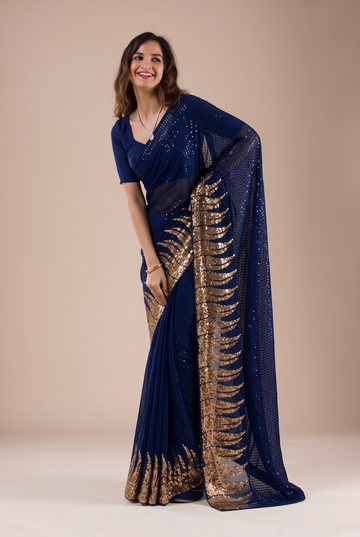 Party Wear Midnight Navy Blue Georgette Saree with Heavy Gold Sequin Flame Border
