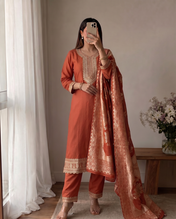 Rust Orange Cotton Straight Kurta Set for Women With Dupatta