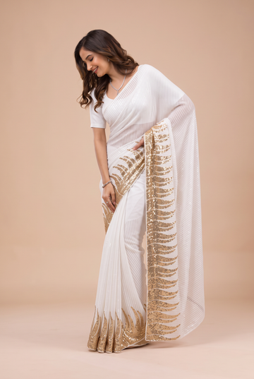 Pearl White Georgette Saree with Gold Sequin Feather Edge