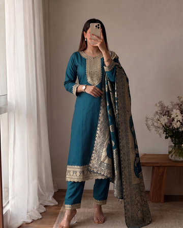 Blue Cotton Straight Kurta Set for Women With Dupatta