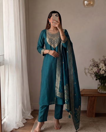 Navy Blue Cotton A-Line Kurta Set With Dupatta