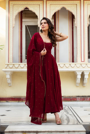 Festive Wine Maroon Heavy Faux Georgette Mirror Work Anarkali Palazzo Suit Set | Traditional Dress For Women | Party Wear Dress For Women