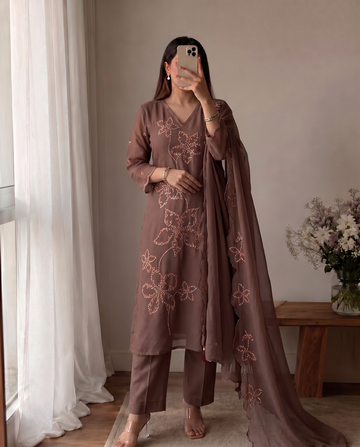 Brown A-Line Cotton Suit Set with Dupatta