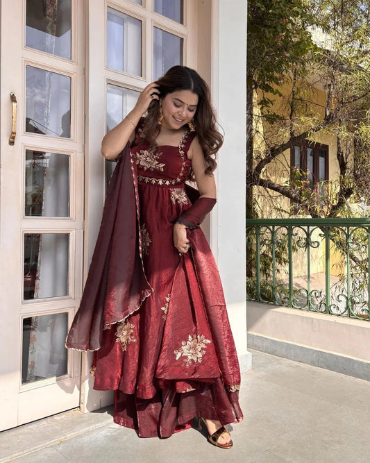 Maroon Silk Anarkali Suit Set for Women - Sleeveless Kurta with Dupatta