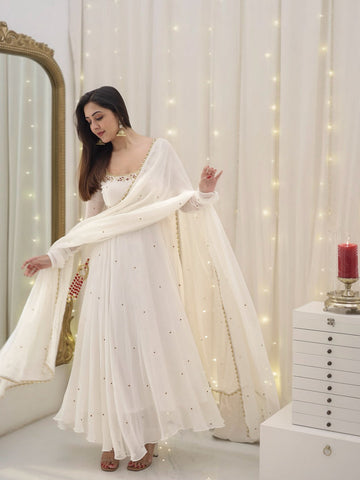 Off White Embroidered Anarkali Suit for Women | Wedding Party Wear Long Anarkali Dress