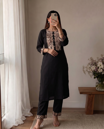 Black Cotton Straight Kurta Set for Women