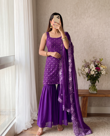 Purple Kurti Sharara Suit Set With Dupatta