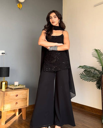 Classic 90's Inpired Black Cosmos Kurta Sharara Set For Women