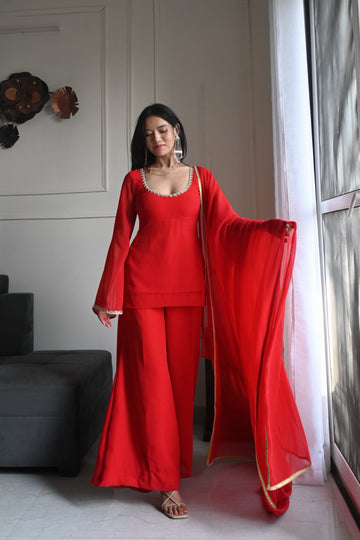 90's Style Red Handcrafted Georgette Palazzo Kurti Set | 90s Dress For Women | 90s Outfits Women