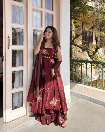 Maroon Silk Anarkali Suit Set for Women - Sleeveless Kurta with Dupatta
