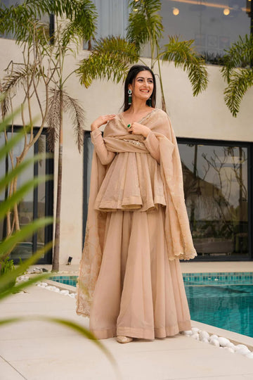 Wedding Wear Beige Tabby Organza Kurti Palazzo Set with Handwork & Dupatta