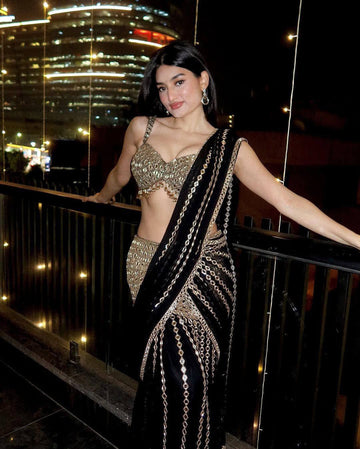 Wedding Wear Black Ready To Wear Mirror Work Saree in Faux Georgette | Ready To Wear Saree For Wedding