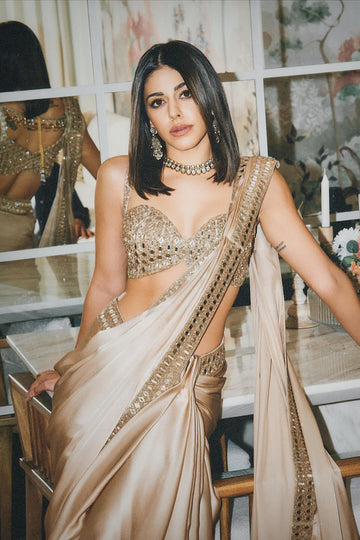 Partywear Silk Saree with Real Mirror Work Border & Designer Blouse | Party Wear Saree For Women