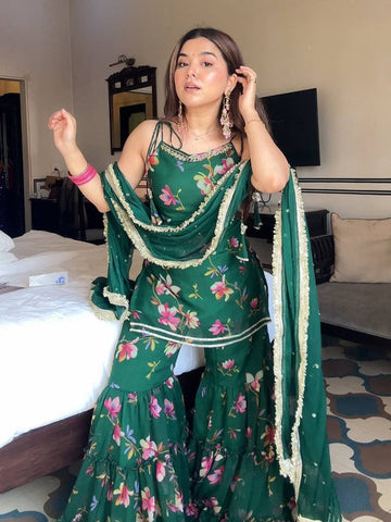 Party Wear Emerald Green Sharara Set For Women